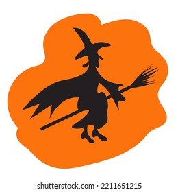 bruja sobre un palo de escoba en un sombrero sobre una imagen de fondo naranja para la decoración impresa feliz halloween 