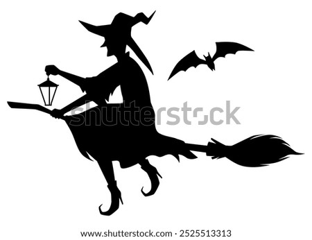 A witch on a broomstick holds a lantern as she flies through the sky. She is accompanied by a bat, which adds mystery and magic to the silhouette.