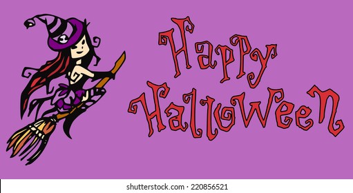 Witch on a broomstick and the inscription Happy Halloween