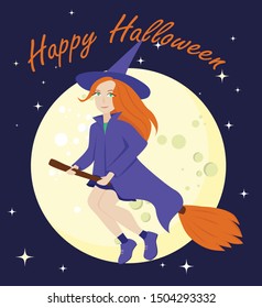 witch on a broomstick with the moon on the background. Halloween greeting card.