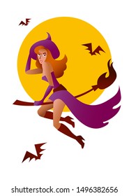Witch on a broomstick, moon, bats. Vector illustration. White background.