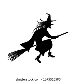 Witch On Broomstick  Over White Background for Creating Halloween Designs.  Vector illustration.