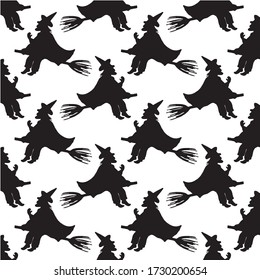 witch on a broomstick, patern halloween, black silhouette, blank for printing, fabric