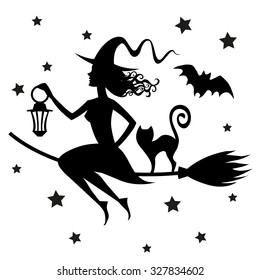 Witch on a broomstick . Silhouette , vector. Halloween.