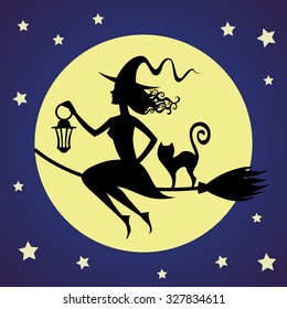 Witch on a broomstick . Silhouette , vector. Halloween.