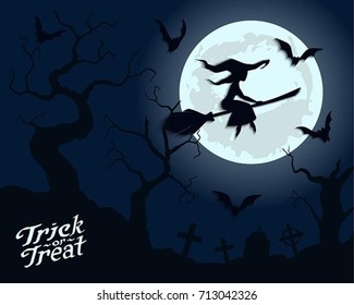 Witch on a broomstick (silhouettes) on the full moon. Halloween Party Postcard. Poster. Background. Vector illustration with hand drawn type calligraphy design.