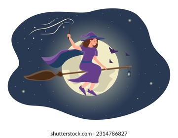 Witch on broomstick at sky concept. Mysticism, imagination and fantasy, witchcraft. Fairy tale and fictional character. Halloween, holiday of fear and horror. Cartoon flat vector illustration