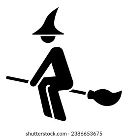 Witch on broomstick solid icon, Halloween concept, Witch rides broom sign on white background, flying young witch icon in glyph style for mobile concept and web design. Vector graphics