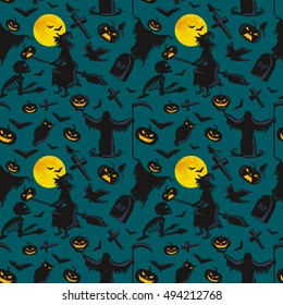 witch on a broomstick under a full moon with skeletons and pumpkins to the cemetery where the crows fly over the crosses seamless halloween pattern background