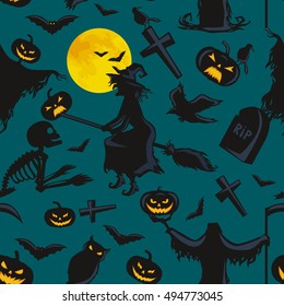 witch on a broomstick under  full moon with skeletons and pumpkins to the cemetery where the crows fly over the crosses