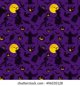 witch on a broomstick under  full moon with skeletons and pumpkins to the cemetery where the crows fly over the crosses