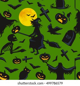 witch on a broomstick under  full moon with skeletons and pumpkins to the cemetery where the crows fly over the crosses