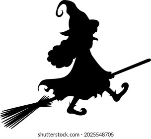 Witch on a broomstick. Vector black silhouette.