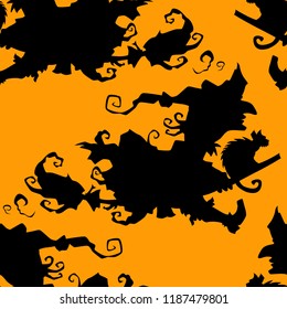 Witch on a broomstick vector Halloween seamless pattern. Design background for party poster. Hand drawn cartoon illustration in black and orange.