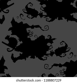 Witch on a broomstick vector Halloween seamless pattern. Design background for party poster. Hand drawn cartoon illustration in black and dark grey.