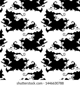 Witch on a broomstick vector Halloween seamless pattern in black and white. Design background for party poster. Hand drawn cartoon illustration.