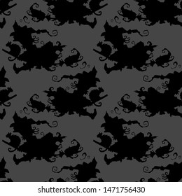 Witch on a broomstick vector Halloween seamless pattern. Design background for party poster. Hand drawn cartoon illustration in black and dark grey.