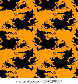 Witch on a broomstick vector Halloween seamless pattern. Design background for party poster. Hand drawn cartoon illustration in black and orange.