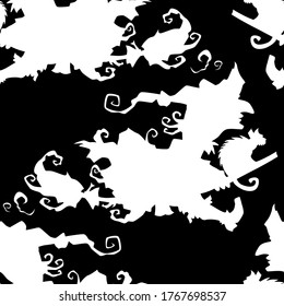 Witch on a broomstick vector Halloween seamless pattern in black and white. Design background for party poster. Hand drawn cartoon illustration.