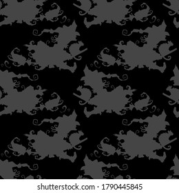 Witch on a broomstick vector Halloween seamless pattern. Design background for party poster. Hand drawn cartoon illustration in black and dark grey.