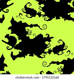 Witch on a broomstick vector Halloween seamless pattern. Design background for party poster. Hand drawn cartoon illustration in black and acid green.