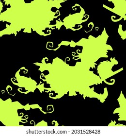 Witch on a broomstick vector Halloween seamless pattern. Design background for party poster. Hand drawn cartoon illustration in black and acid green.