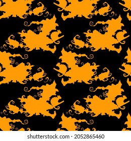 Witch on a broomstick vector Halloween seamless pattern. Design background for party poster. Hand drawn cartoon illustration in black and orange.