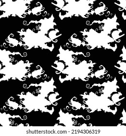Witch on a broomstick vector Halloween seamless pattern in black and white. Design background for party poster. Hand drawn cartoon illustration.