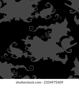 Witch on a broomstick vector Halloween seamless pattern. Design background for party poster. Hand drawn cartoon illustration in black and dark grey.