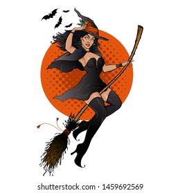 Witch on a broomstick. Vector illustration of pretty woman in black witch hat flying on a broomstick. Halloween mascot in pin up style for cards, posters, label design, tee shirt prints.  