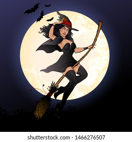 Witch on a broomstick. Vector illustration of pretty woman in black witch hat flying on a broomstick. Halloween mascot in pin up style for cards, posters, label design, tee shirt prints.  