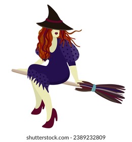 Witch on broomstick. Vector isolated illustration.