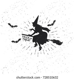 Witch On  Broomstick . Vintage Halloween Template.