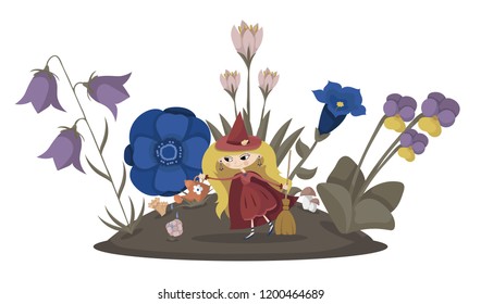 Witch on a meadow with gigantic flowers, leaves and mushrooms holding a broomstick and watering a small flower with a watering pot on a white background. Flat cartoon style vector illustration.