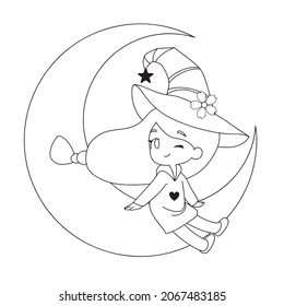 Witch on the moon vector hand drawn coloring book  coloring page,cartoon,clipart