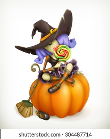 Witch on pumpkin, vector illustration