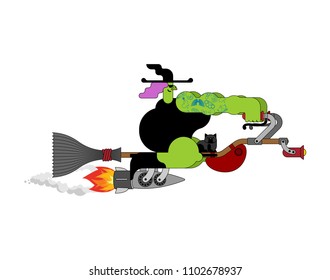 Witch on racing broom. Broomstick Speeding turbo. Halloween Vector illustration.
