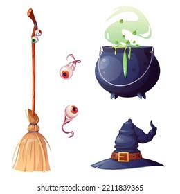 Witch outfit on isolated background. Broom, potion cauldron, hat, eyes. Magic, occultism. Vector cartoon illustration