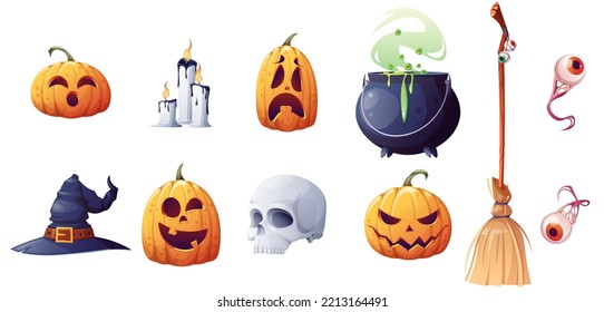 Witch outfit on isolated background and pumpkins with carved faces. Broom, potion cauldron, hat, eyes, pumpkin. Magic, Halloween. Vector cartoon illustration