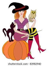 Witch with an owl and a cat