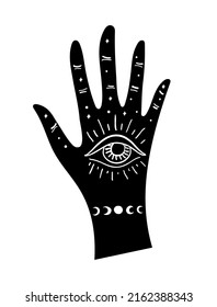 Witch palm with tattoos and mystical symbols. Vector magic icon isolated on white background, symbol of witchcraft, tarot, foresight, fate.