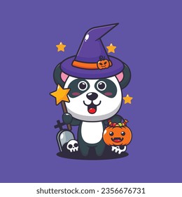 Witch panda in halloween day. Cute halloween cartoon illustration.