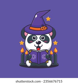 Witch panda reading spell book. Cute halloween cartoon illustration.