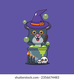 Witch panther making potion in halloween day. Cute halloween cartoon illustration. 