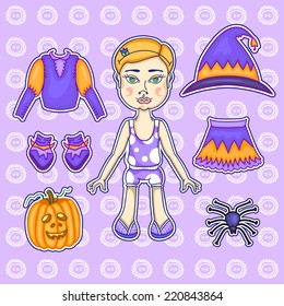 Witch Paper Doll Vector Illustration Set with Closing, Jack O Lantern Pumpkin and Spider