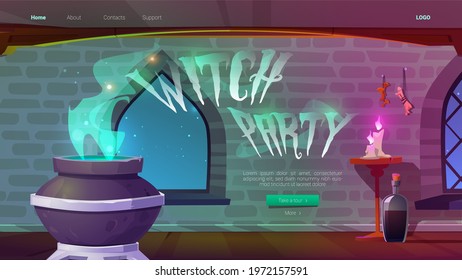 Witch party banner with magic potion boiling in cauldron at night. Vector landing page of Halloween party with cartoon interior of wizard or sorceress room in medieval castle or stone house