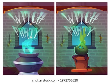 Witch party cartoon posters, invitation for Halloween holiday celebration. Magic potion glow in cauldron and mandrake plant in magician room with brick wall and arched windows, Vector illustration