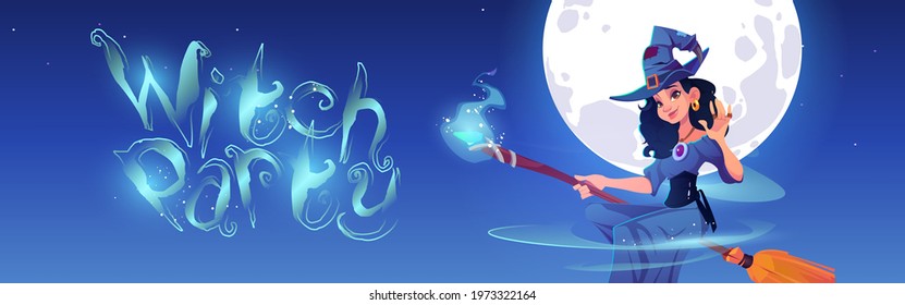 Witch party cartoon vector banner, beautiful woman in magician hat an dress flying on broom in night sky with moon. Invitation to Halloween celebration, sexy enchantress character in costume