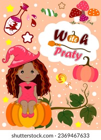 witch party cute halloween Little witch with frizzy hair With a set of Halloween symbols, pumpkins, bats, pink mushrooms, medicine bottles, candies, stars, cute pastel pink-orange tones.Illustration. 