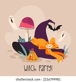 Witch party Halloween card, with witch's hat, bow, ghost, mushroom and magic potion on beige background. Good for T shirt print, poster, card, label, other gifts design. Holiday cute flat illustration